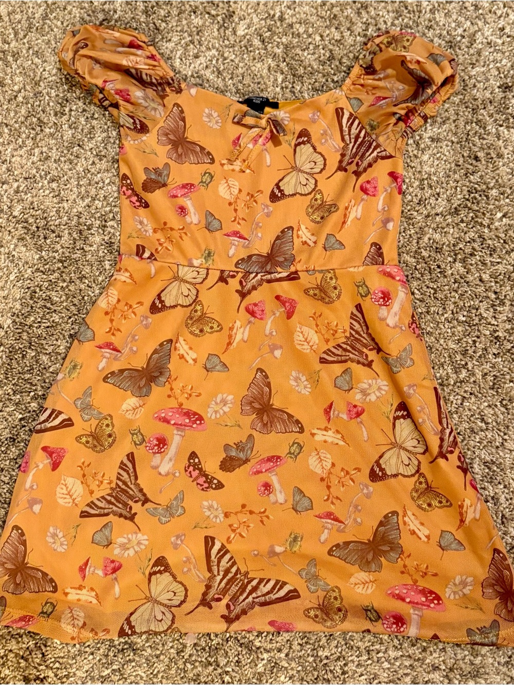 Forever 21 Girls' Mustard Butterfly & Mushroom Puff Sleeve Dress